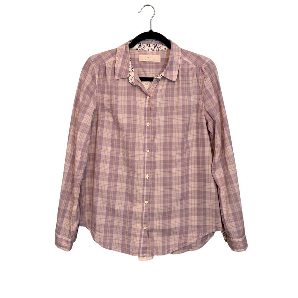 Isabella Sinclair ANTHROPOLOGIE Top Womens S Purple Plaid Button Up Lace Back